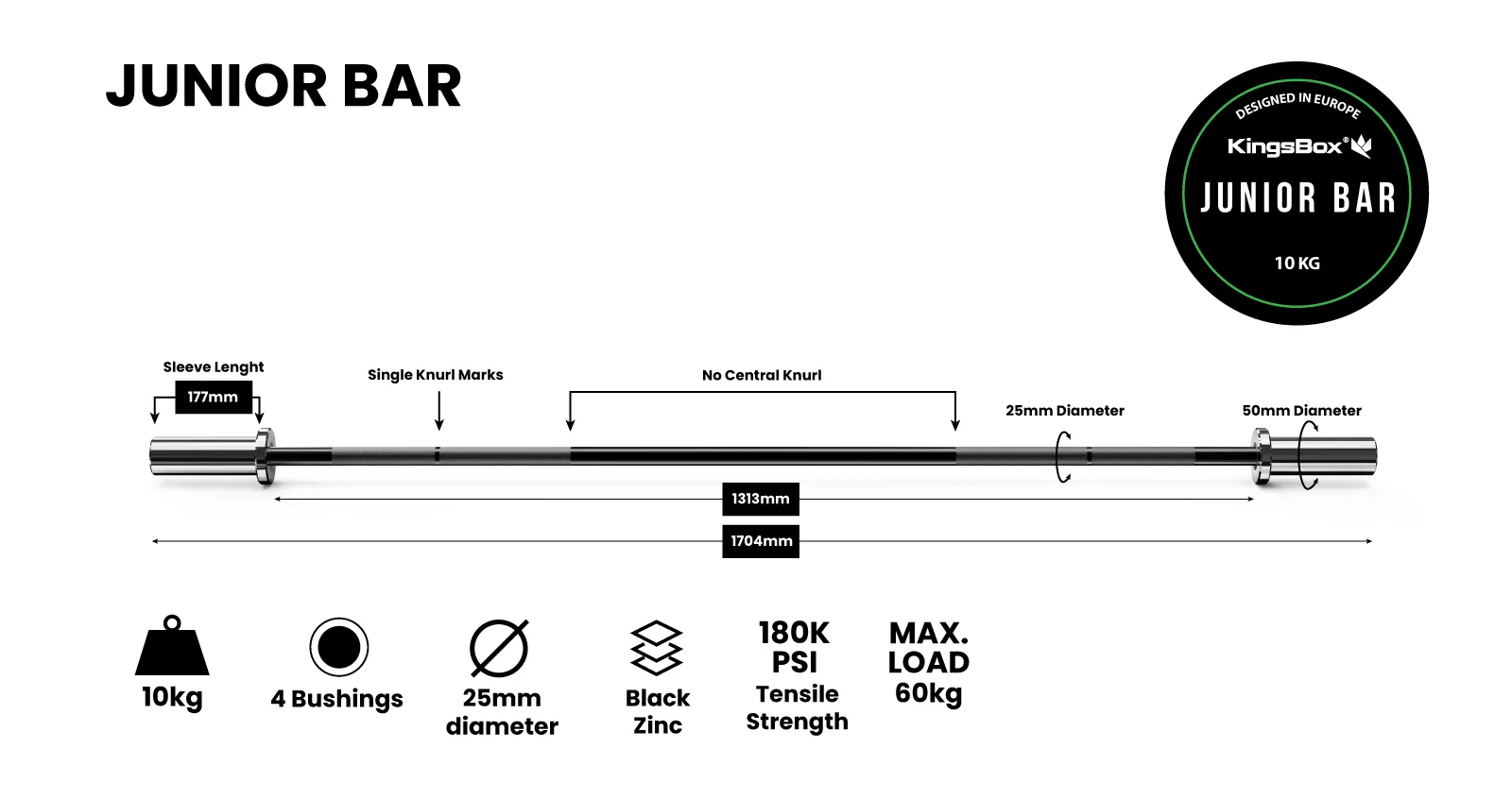 Junior Bar | Olympic steel barbell for beginners and kids | KingsBox