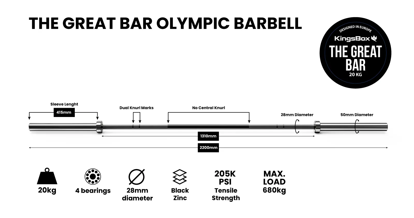 The Great Bar | Olympisk skivstång av stål för män | KingsBox